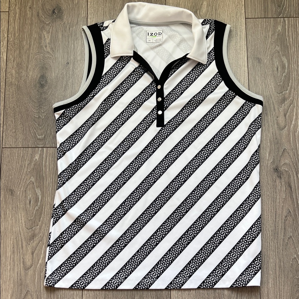IZOD, Sz L, black and white striped sleeveless golf shirt. Barely worn.